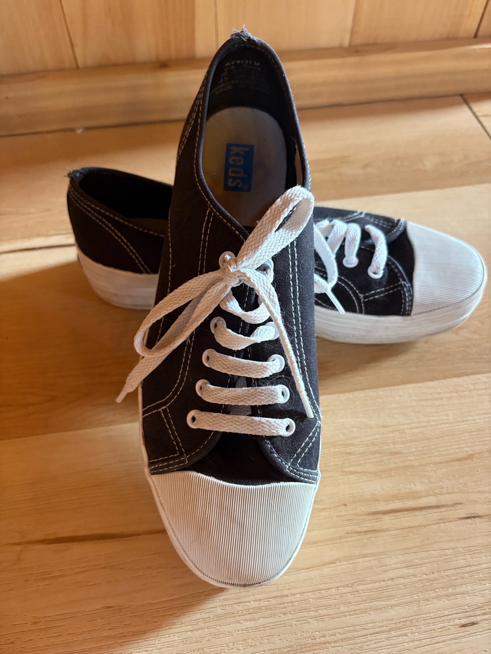 Platform Keds - Black Canvas Lace-Up Sneakers with White Toe Cap